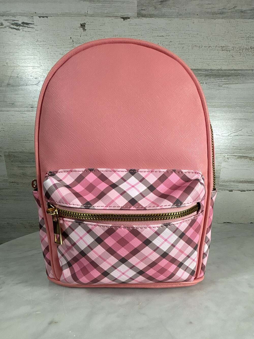 LA Brand Pink Saffiano Vegan Leather Mini Backpack with Plaid Accents